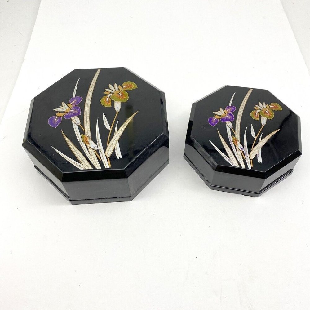 VTG‎ Yamanaka Japan Lacquerware Nesting Boxes Black Floral Trinket 2pc 70s *flaw